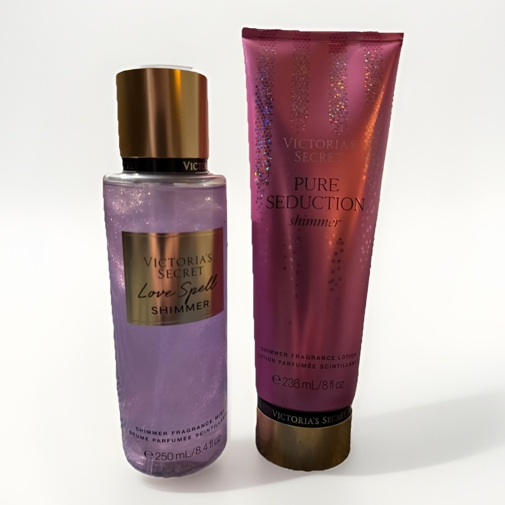 Victoria's Secret Pure Seduction Shimmer Lotion Love Spell Shimmer Mist Two Pack